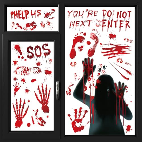 Images de fenêtre d'Halloween - Décoration d'Halloween - Horreur avec empreintes de mains sanglantes - Silhouette de zombie - Réutilisable - Décoration de fenêtre effrayante pour verre, salle de bain