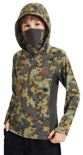 BASSDASH Sudadera con Capucha de Camuflaje UPF 50+ para jóvenes, con Polaina para el Cuello, de Secado rápido, Manga Larga, con Capucha, para Pesca, Senderismo, FS02Y, Terreno Abierto, Medium