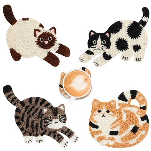 OT-NVWOZR Sottobicchieri creativi e carini a forma di gatto, divertenti sottobicchieri all'uncinetto per scrivania, sottobicchieri in tessuto per gli amanti dei gatti, sottobicchieri isolanti lavorati