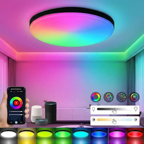 SOONHUA Smart WiFi Ceiling Light 24W RGB Dimmable Alexa Google Home | 24W 2000LM smart ceiling lamp with app and voice control, RGB colours and adjustable 3000K-6500K lighting