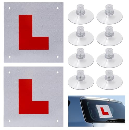 Ennoxwi Pack of 2, L Plates Magnetic, Reflective Learner Plates with 8 Suction Cups L Plates Sticker for Night Driving and Learner Drivers, Easy to Install, Waterproof, Reflective, Repeatable