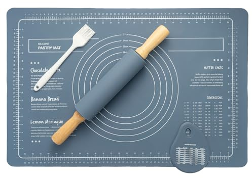 GREENSAPPIRE Wooden Rolling pin &Silicone Baking mats Set Large 40×60cm Non-Stick Pastry Mat with Pastry Brushes and Dough Scraper with Measurements for Dough Cookies Fondant Heat Resistant (Blue L)