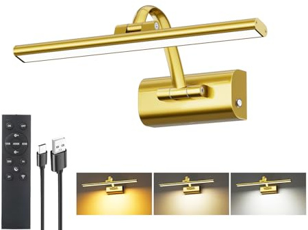 HUAEU Bildbeleuchtung Kabellos, 5200mAh Akku Bilderleuchte 30cm | LED Wandleuchte Innen mit Fernbedienung & Timer, Dimmbar 3 Farbtemperaturen Bilderlampe für Malen Foto Dartbrett, Gold