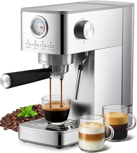 Aptliton Espresso Coffee Machines,15 Bar,Small Coffee Machine with Steam Wand,1300W Semi-Automatic Coffee Makers for Cappuccino Latte Macchiato,1.5L Water Tank for Home&Office, Stainless Steel,Silver