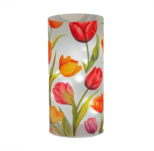 formano LED Deko Licht Blütentraum Zylinder Glas 16 cm Tulpen Blumen Motiv Timer 6h/18h, batteriebetrieben (3× AA), stimmungsvolles Ambientelicht für Tisch, Fensterbank & Regal