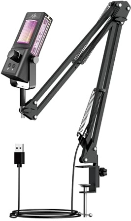 ZDAGELD Professionell Mikrofonsats med RGB-belysning, Brusreducering, 24bit/384KHz Samplingsfrekvens, Armstativ för Inspelning, Streaming, Spel, Karaoke, USB-kondensatormikrofon med Bom