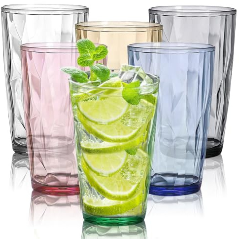 6 Stück Trinkgläser Bunt 470ml Wassergläser Set Saftgläser Kunststoffbecher Wiederverwendbar Trinkbecher Trinkglas Cocktailgläser Kristallglas-Optik Für Wasser, Saft, Milch, Eiskaffee, Tee, Softdrinks