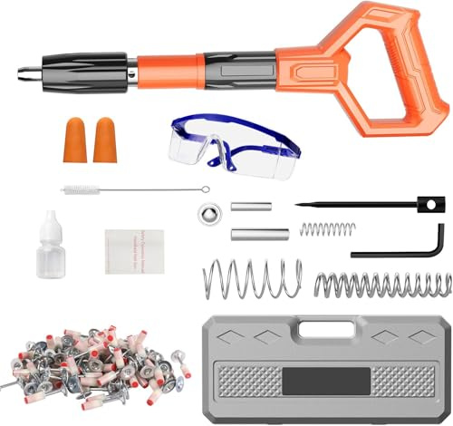 Pistolet A Clou Beton avec 100 Clous,5 Vitesses Réglables Pistolet à Clou,Pistolets Pneumatique Pour Acier Et BéTon,Pistolets à Clous Manuel Silencieux,Gants à Lunettes BoîTe à Outils (orange)