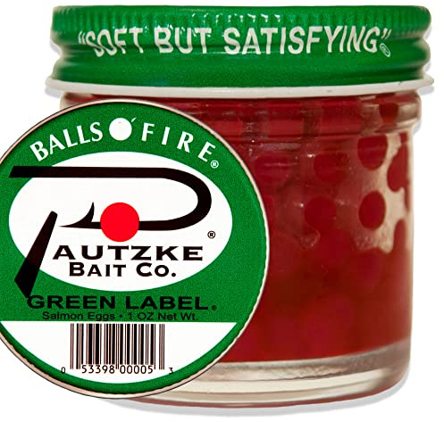 Pautzke Balls O' Fire Salmon Eggs Fishing Bait - Famous & Effective Trout Bait - UV Enhanced Accesorios de Pesca - Leading Power Bait Fishing Trout with Satisfying Salmon Fish Eggs (Green Label, 1 oz)