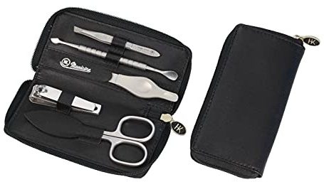 HK Manicure by Hans Kniebes – 5-teiliges Maniküre Set – Nagelschere, Knipser, Feile, Pinzette, Doppelinstrument – Manicure-Etui aus Nappa-Ziegenleder schwarz