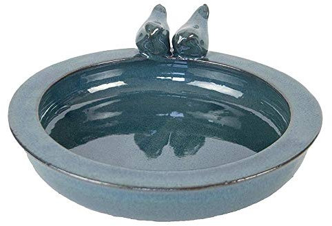 Rivanto® Keramik Vogeltränke mit Vogelfiguren, Ø 30 cm, Höhe 10 cm, petrol, Vogelbad für Wildvögel, Futterstation