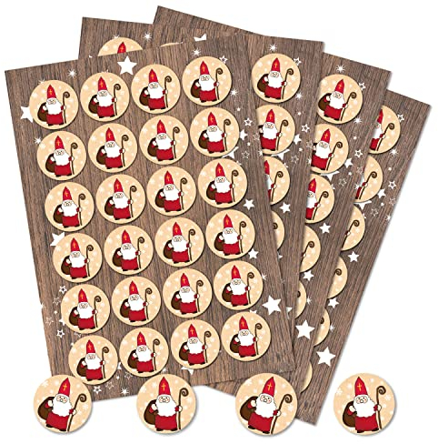 Weihnachtssticker Nikolaus, 96 Stück: Aufkleber Weihnachten Klein, Nikolausaufkleber Rot Weiß, Weihnachtsaufkleber Selbstklebend, Sticker Nikolausgeschenke, Weihnachtliche Etiketten Geschenke, Ø 4 cm