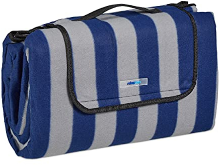 Relaxdays XXL Picknickdecke, 200x200, Fleece Stranddecke, wärmeisoliert, wasserdicht, Badedecke, Tragegriff, blau-grau