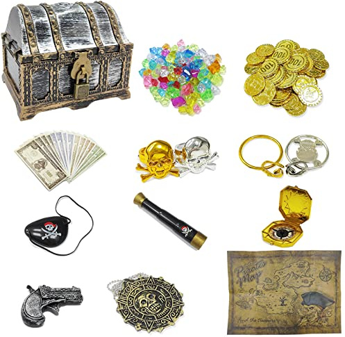 Dronside 177 Pieces Kids Pirate Treasure Chest Treasure Hunt Kit Lockable Vintage Treasure Chest Toy Set Gold Plastic Compass Pirate Map for Halloween Themed Cosplay Party Favors