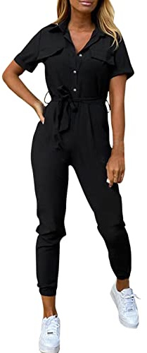 Damen Body Einteiler Sexy Pyjama Overalls für Frauen, Sommer, lässig, kurzärmliges, Button-Down-Gürtel, Arbeitsoverall, Strampler mit Taschen Overall Damen Jeans (Black, L)