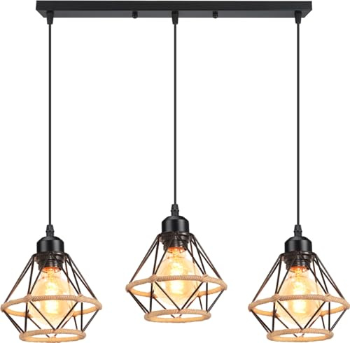PETITES ECREVISSES Kronleuchter Hängeleuchte Industrielles Design 3 Lampen Diamant Hanf Seil Metall LED Deckenleuchte Lampenschirm Retro Design E27 für Küche Wohnzimmer Schlafzimmer (Ø 16 cm mit einer