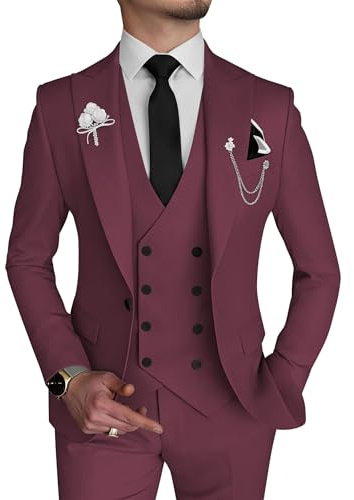 Traje de Hombre 2 Piezas Slim Fit Doble Botonadura Blazer y Pantalones Boda Novio Smoking Pico Solapa Formal Baile de graduación, borgoña, M