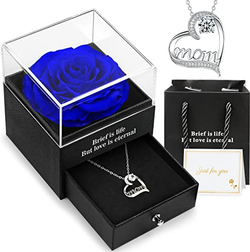 Hnustbo Muttertagsgeschenke für Mama, Ewige echte Rose mit 'Mom' Halskette, Konservierte Rose Ewige Blume Geschenke für Mutter, Geburtstagsgeschenk Mama