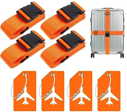 Hitopin 4PCS Koffergurt+ 4PCS Gepäckanhänger, Kofferband Gurt, Einstellbare Kofferbänder, Gurt Gepäckgurt, Luggage Strap für Koffer, Geeignet für Reisen, Tourismus und Ausflüge (Orange)