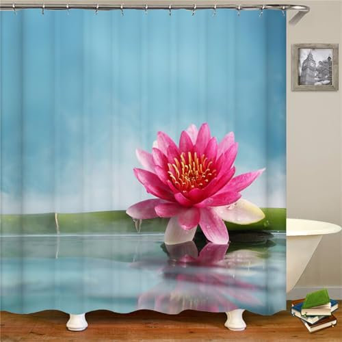 Guofuos Duschvorhang Rosa Lotus 90x90cm Duschvorhäng Anti Schimmel,Wasserabweisend Stoff Duschrollo Waschbar,3D Draussen Bad Vorhang Schnell Trocknend,Badewanne Badezimmer Decor Vorhänge