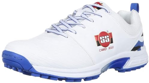 SS Camo 9000 Cricket Shoes | Colour: White & Blue | Size: EU 45/UK 11/US 12 | Material: Rubber & PU | for Boys And Men | Lightweight | Durable Build And Comfortable | Slip Resistant | Premium Quality