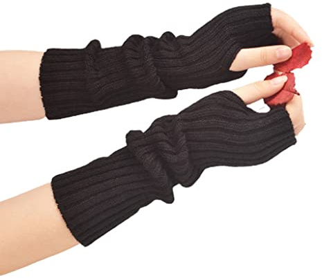 Mumuve Gants, manches de bras tricotées avec trou pour le pouce, gants d'hiver chauffe-bras longs demi-doigts, mitaines extensibles de couleur unie, Noir , 30cm long