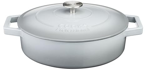 Cooks Professional 28cm Cast Iron Shallow Casserole Dish 4.3L with Lid & Handles | Colourful Modern Enamelled Cooking Pan Pot | Suitable For All Hobs Inc Induction | Oven & Grill Safe | Grey