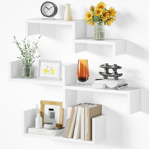 SRIWATANA Floating Shelves for Wall Set of 5, Wooden Wall Shelves for Wall Decor, Storage White Shelves for Bedroom, Living room, Bathroom, Kitchen Wall Mounted