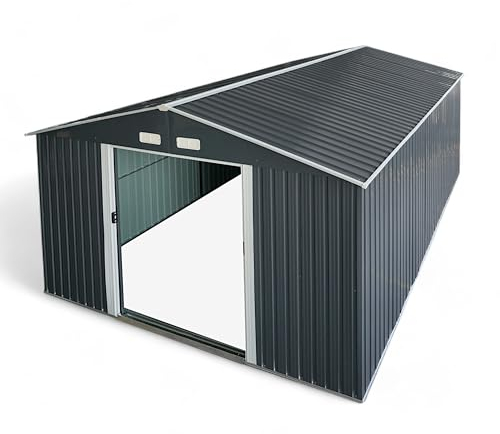 ALEOS. Gerätehaus Geräteschuppen 15m² 343x452x223 cm aus verzinktem Stahlblech Metall mit Doppelschiebetür Türhöhe 173cm Schuppen Gartenhaus