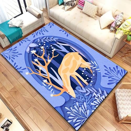 Teppich Kinderteppich Wohnzimmerteppich Schlafzimmerteppich 3D-Gedruckter Superweicher Flanellteppich Elch Waldtier Hirsch Cartoon-Zeichnung - Polyester-Soft-Touch,Leicht Zu Reinigen 200 X 3-6D2R7Z4N