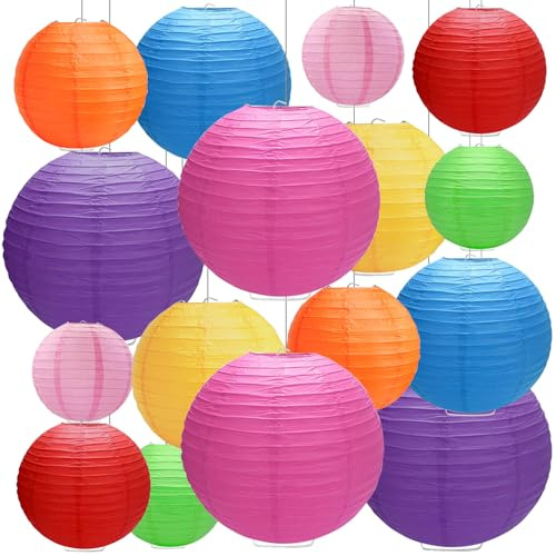 WEDAMOO 16 Piezas Farolillos de Papel de Colores, Farolillos de Papel Colgantes, Linternas Decorativa de Redonda para Bodas, Fiestas, Cumpleaños, Aniversario(4 Tamaños/8 Colores)