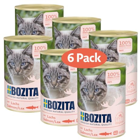 Bozita Paté lax, spannmålsfri – 6 x 400 g våtfoder för katter och kattungar. Helfoder med 9,5% protein och 5% fett från högkvalitativa, naturliga ingredienser utan spannmål – från Sverige