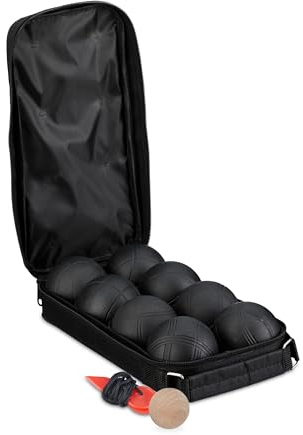 Relaxdays Boule Kugeln, 8 Metall-Kugeln, Set mit Zielkugel & Abstandsmesser, Tragetasche, Boccia Spiel, Stahl, schwarz