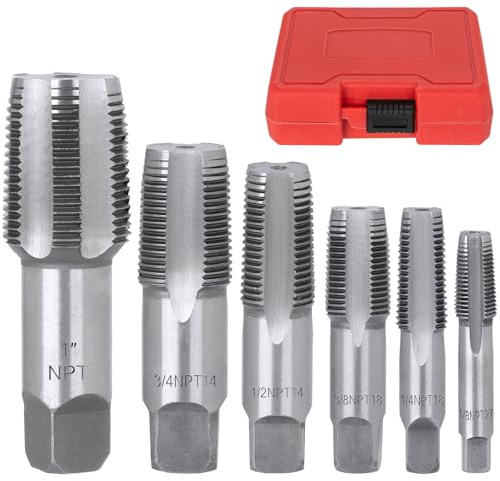 6-Piece NPT Pipe Tap Set, 1, 3/4, 1/2, 3/8, 1/4, 1/8 Taps Threading Tool, Precision Bearing Steel Tap Set Metric and Standard for Clean and Re-Thread Damaged or Jam Pipe Threads in Storage Case