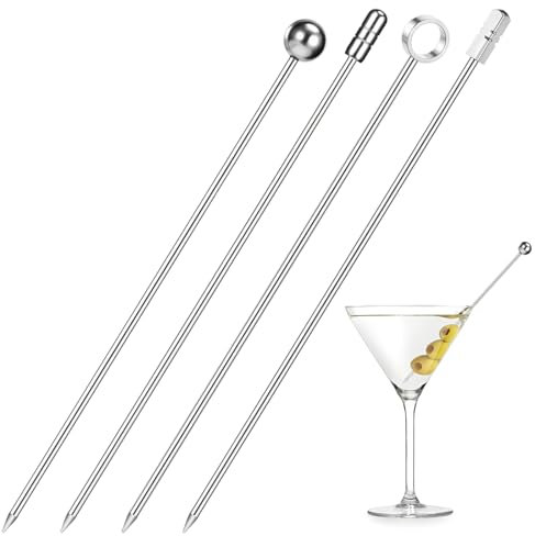 JJUNW 24Stück Metall Cocktailspieße, 304 Edelstahl Cocktail Zahnstocher Wiederverwendbare Metall Cocktail Spieße für Oliven Vorspeisen Bloody Mary Brandied (4.3“)