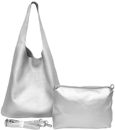 Borsa a Spalla da Donna in Pelle PU, Borsa a Sacca 2in1 con Pochette e Tracolla Rimovibile, Hobo Tote Elegante Grande Capienza, per Lavoro, Ufficio, Università, Viaggio (Argento)