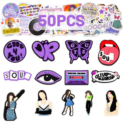 Olivia Croc Charms with 50Pcs Olivia Stickers, Cute Music-Themed Shoe Charm Merch for Music Devotee Gifts, PVC Shoes Stuff for Shoes Beach Party Favors Decoration Christmas Gifts