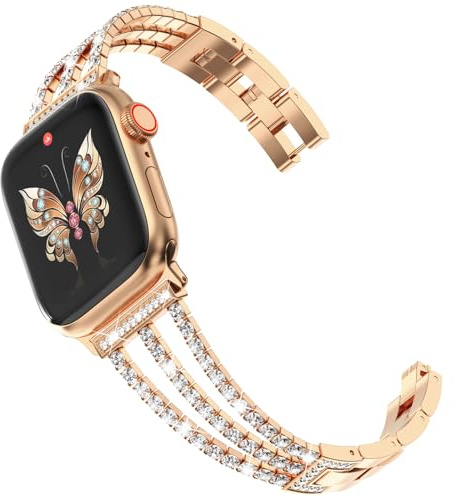 CHANCHY 42mm(series 11 10) 41mm 40mm 38mm Kompatibel mit Apple Watch Armband Damen, Diamant Gliederarmband Edelstahl Ersatzarmbänder für iWatch SE 3 2 1/Series 11 10 9 8 7 6 5 4 3 2 1,Roségold