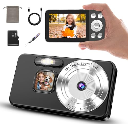 4K Digitalkamera, 64MP Autofokus Kompaktkamera, 18-facher Digitalzoom, 2,8 Display, Zeitraffer & Loop-Aufnahme, Webcam, Kompakte Kamera mit 32GB SD-Karte, Ideal für Anfänger & Erwachsene