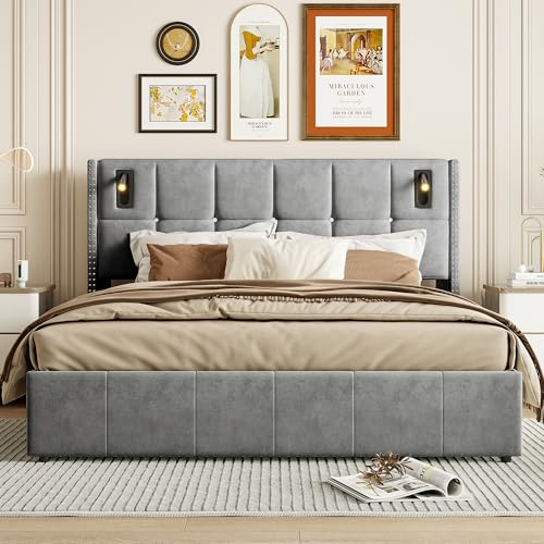 BPKADHY Polsterbett mit Stauraum 140 x 200 cm, Doppelbett mit Led Hydraulische Stauraumbett Jugendbett mit Lattenrost und Bettkasten, Samt,ohne Matratze(Grau, 140 x 200 cm)