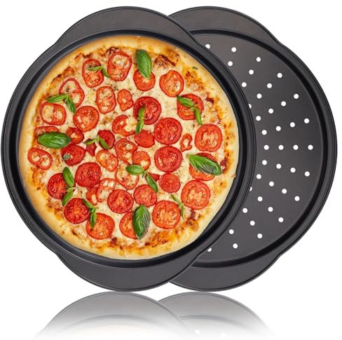 hunnycook 2 Pcs Pizza Trays for Oven -13 Pizza Pan with Holes and Handle, Carbon Steel, Non Stick Baking Tray Set for Cooking, Baking, Dishwasher Safe
