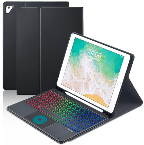 MePadKey Funda con teclado táctil para iPad 6ª 2018/5ª generación 2017 de 9.7 pulgadas, teclado de carga tipo C con retroiluminación de 7 colores con soporte para lápiz para iPad Air 2/Pro 9.7 (negro)