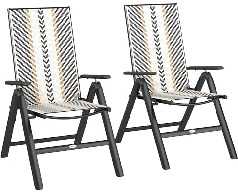 Outsunny Folding Rattan Garden Chairs Set of 2, 5-Position Reclining Garden Dining Chairs, High Back PE Wicker Outdoor Recliners with Armrest and Steel Frame for Patio, Terrace, Balcony, Black