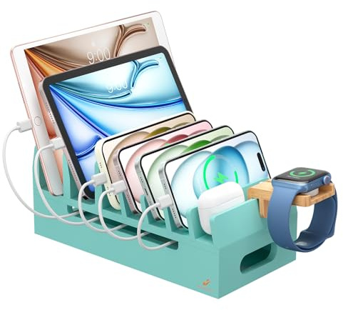 Pezin & Hulin Bamboo Charging Station with Watch Stand, Docking Holder for Multi Device, Desktop Dock Stations Electronic Organizer for CellPhone, Tablet, Watch-No Charger Power Supply-Teal