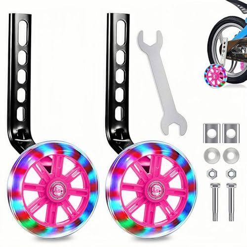 Stützräder für Kinderfahrräder,Hilfsräder für Kinderfahrräder,Mute Flash Räder mit Verstellbarem Fahrradstabilisator Kit für 12,14,16,18,20 Zoll Kinder Singlespeed Fahrrad Rosa
