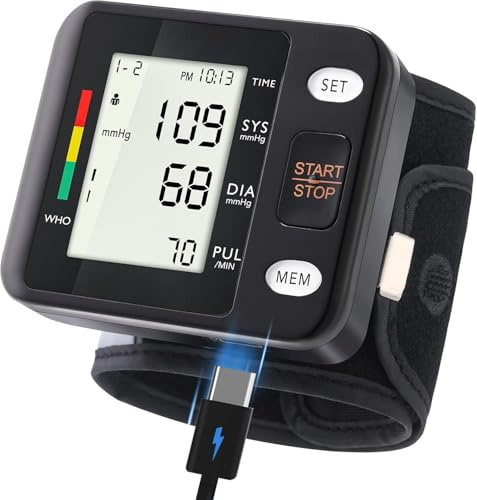 Tensiomètre - Montre de Poignet à Lecture Automatique Précise pour Hypertension Portatif avec Écran LCD Éclairé, Boîtier de Stockage et Manchette Réglable Alimenté par Batterie ou Charge via USB-C