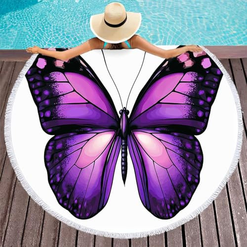 CDXNORA Telo Mare Portatile Tondo con Frange, Rotondo Telo da Mare Motivo Animali Semplici,da Usare Come Arazzo, Telo da Tappetino per Yoga,150 cm(Farfalla Viola)