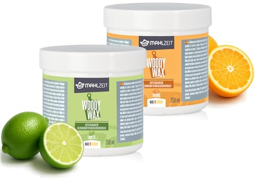 Mahlzeit Woody Wax Kit d'entretien du bois en cire d'abeille pour planches à découper, 2 x 250 ml, parfum citron vert + parfum d'orange, 100 % naturel, cire pour planches à découper, ustensiles de