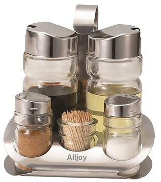 Alljoy Oil and Vinegar Dispenser Set with Salt and Pepper Shakers, 5-Piece Glass Condiment Bottles with Stainless Steel Stand, Rotating Seasoning Cruet Set for Kitchen Countertop & Table