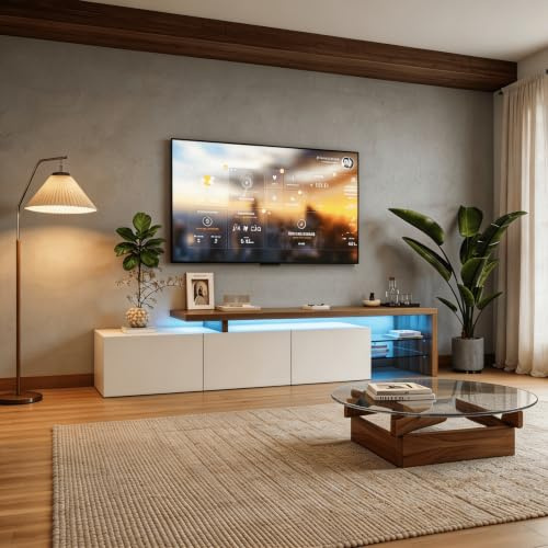 Meuble TV Moderne avec 3 Portes de Rangement et Étagères en Verre LED Intégrées, Éclairage Multicolore, Idéal pour Salon ou Chambre (Blanc, 200x39x42cm)